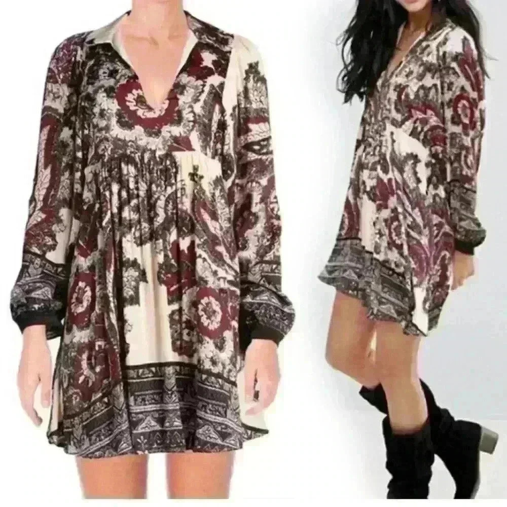 Free People Boho Paisley Babydoll Shirt Dress Size Small
